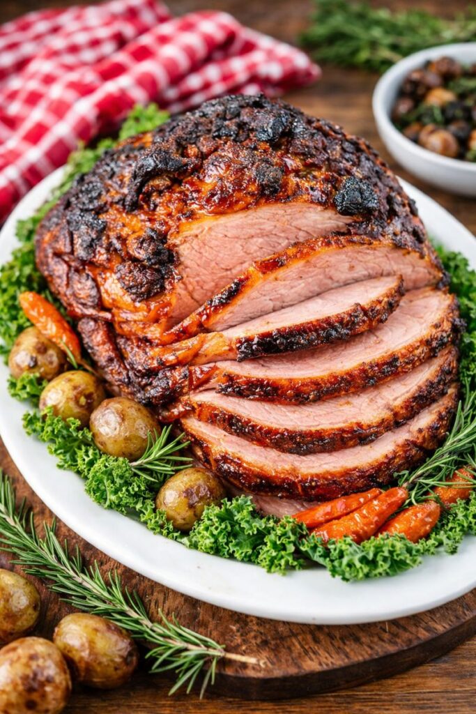 Smoked glazed ham sliced on a farmhouse platter with roasted potatoes, carrots, kale, and rosemary on a rustic wooden table.