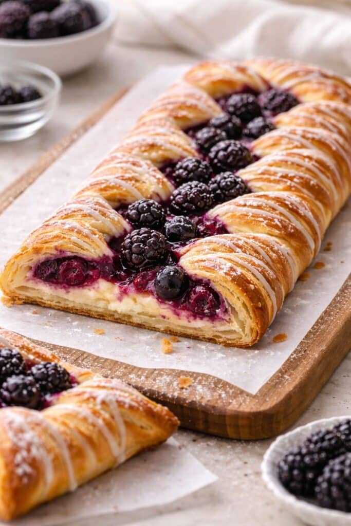 Easy cheese danish made with crescent roll dough, cream cheese filling, and blackberries in a braided pastry.
