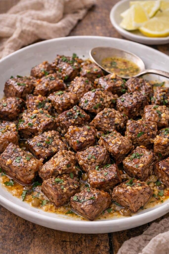 garlic butter steak bites in a skillet img 1