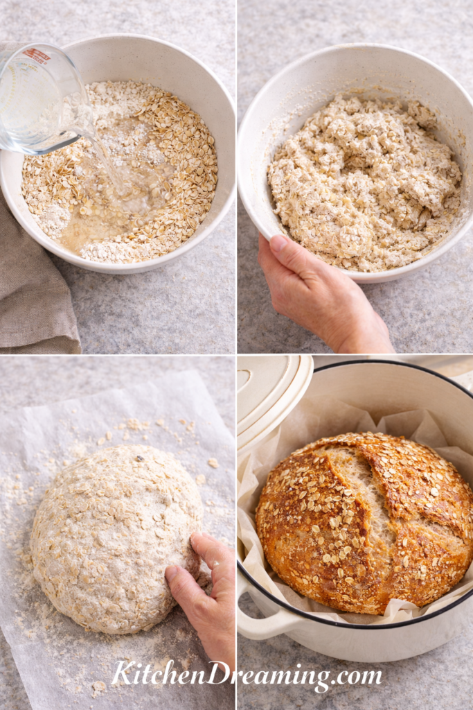 No Knead Oatmeal Bread (Easy Overnight Dutch Oven Recipe) 3 No knead oatmeal bread, step-by-step collage mixing shaping and Dutch oven baking.