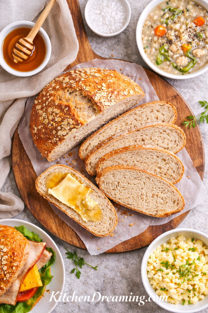 No Knead Oatmeal Bread (Easy Overnight Dutch Oven Recipe) 4 No knead oatmeal bread, sliced and served with soup honey butter and meal pairings.