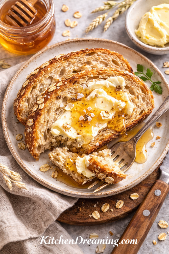 No Knead Oatmeal Bread (Easy Overnight Dutch Oven Recipe) 6 No knead oatmeal bread, toasted slices with butter honey and a fork on the plate.