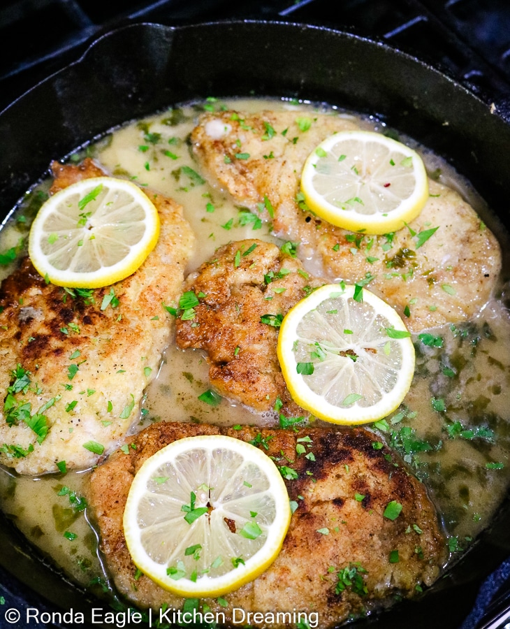 Chicken cutlets in lemon butter and caper sauce. 