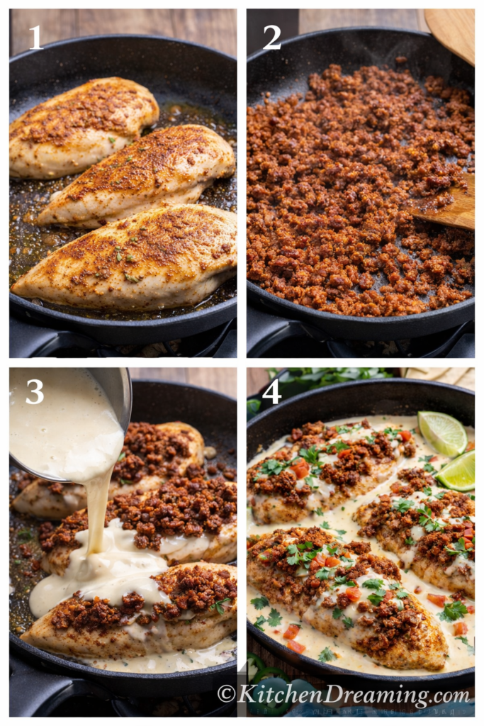 Chori Pollo - Easy Mexican-Style Chorizo Chicken 3 Ingredient flat lay for chori pollo recipe with chicken, Mexican chorizo, queso sauce, taco seasoning, garlic, and fresh toppings.