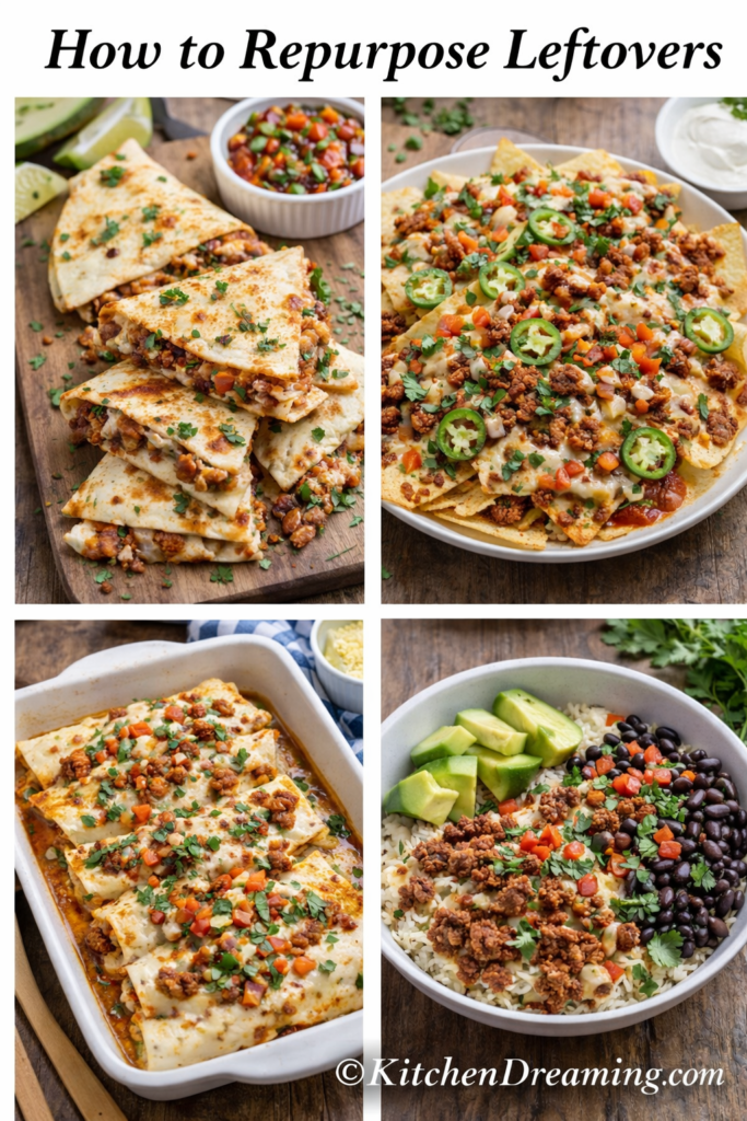Chori Pollo - Easy Mexican-Style Chorizo Chicken 4 Collage of leftover chori pollo ideas including quesadillas, nachos, enchiladas, and a burrito bowl using chori pollo recipe.