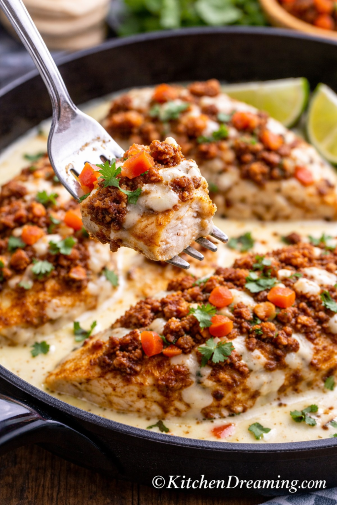 Chori Pollo - Easy Mexican-Style Chorizo Chicken 5 Close up fork bite of chori pollo recipe showing chicken with queso sauce, crumbled chorizo, and fresh toppings in a skillet.