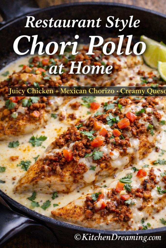 Chori Pollo - Easy Mexican-Style Chorizo Chicken 8 Hero image of chori pollo recipe with chicken topped with Mexican chorizo and creamy queso sauce in a skillet.