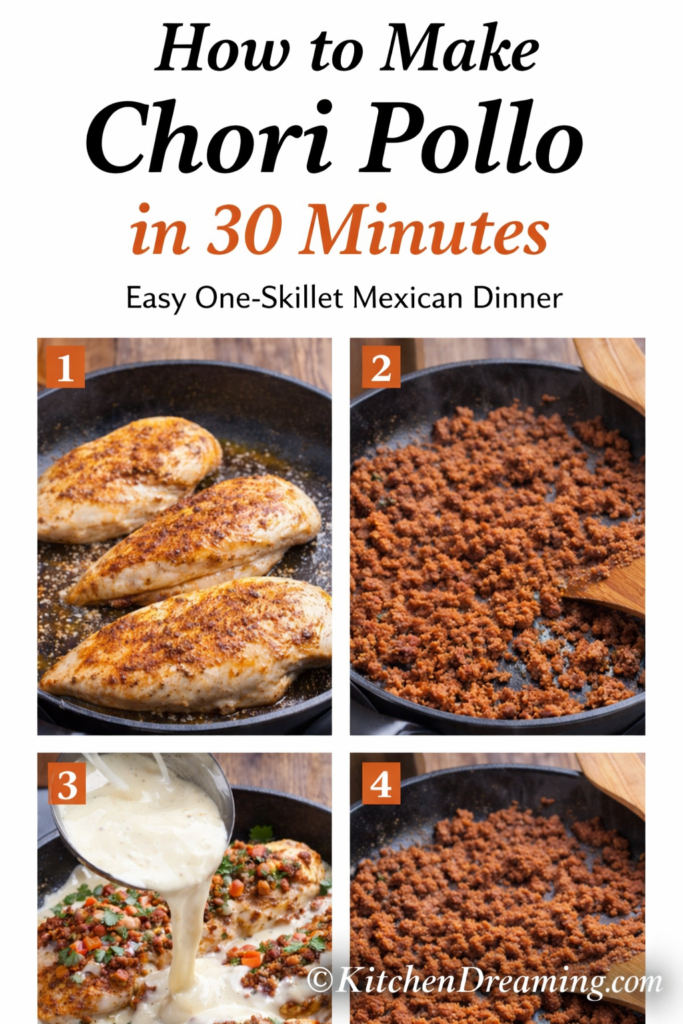Chori Pollo - Easy Mexican-Style Chorizo Chicken 9 Step by step collage showing how to make chori pollo recipe: cook chicken, cook chorizo, add queso, and finish the skillet.