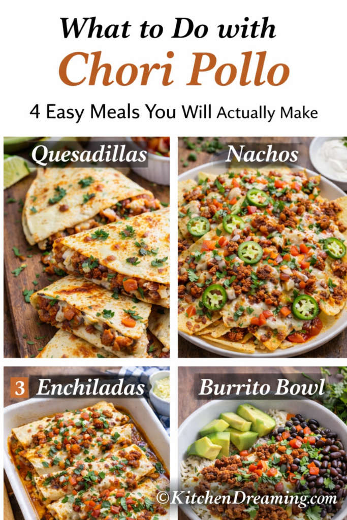 Chori Pollo - Easy Mexican-Style Chorizo Chicken 10 Ingredient flat lay for chori pollo recipe with chicken, Mexican chorizo, queso sauce, olive oil, taco seasoning, and toppings.