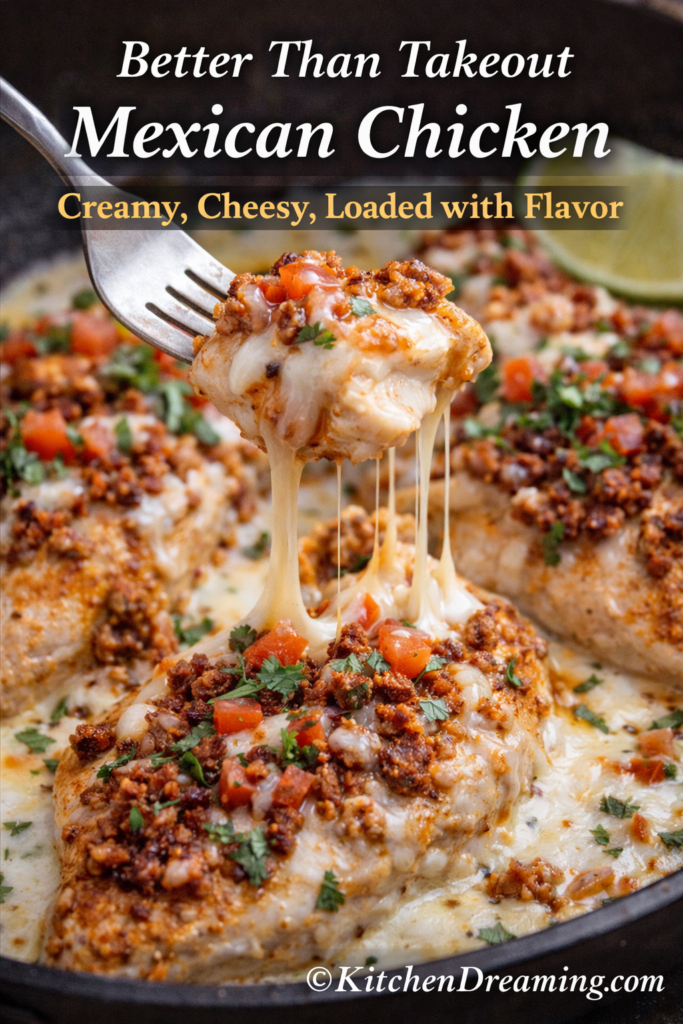 Chori Pollo - Easy Mexican-Style Chorizo Chicken 11 Close up fork bite of chori pollo recipe with chicken, melted queso sauce, Mexican chorizo, and fresh toppings.