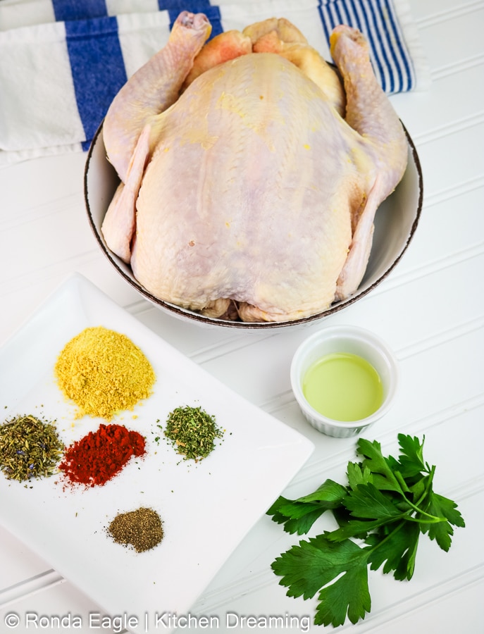 The ingredients for roasted spatchcock chicken.