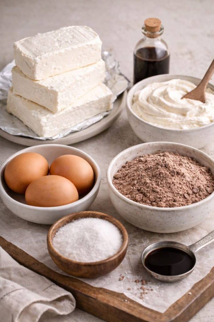 Ingredients for brownie cheesecake including chocolate chips, cream cheese, cocoa, eggs, sugar, and vanilla laid out before mixing.