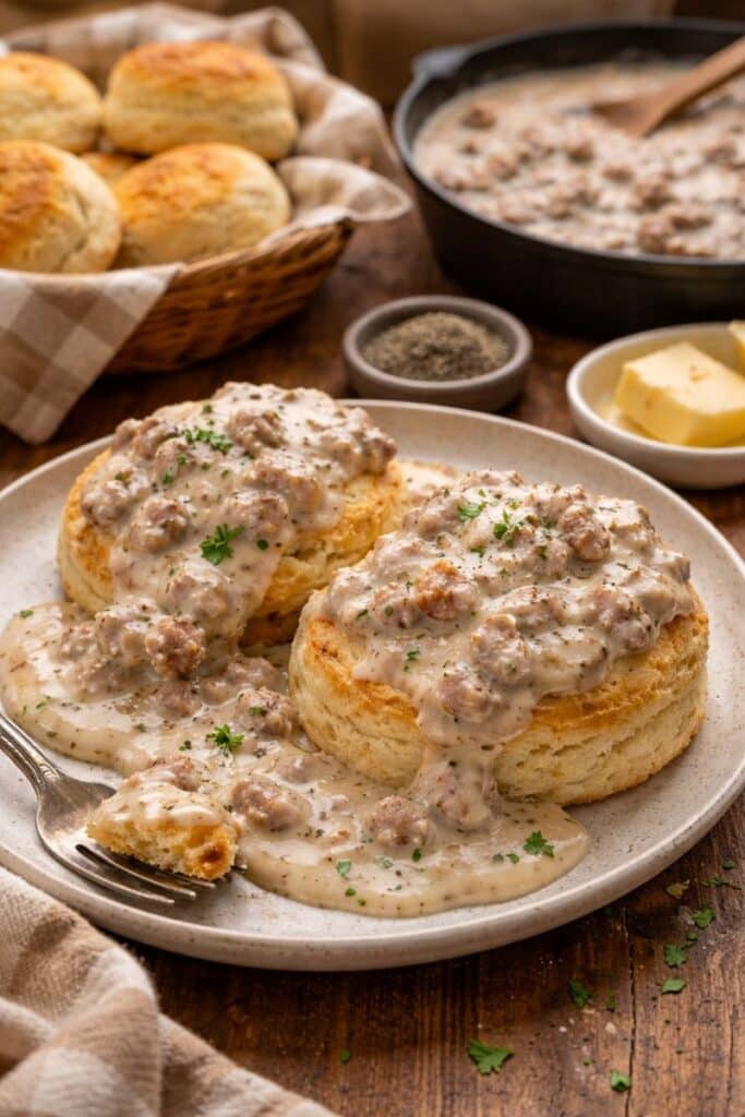 how to make sausage gravy from scratch (Easy Southern Recipe) 7 Homemade Southern sausage gravy served over warm biscuits with a thick, creamy texture.