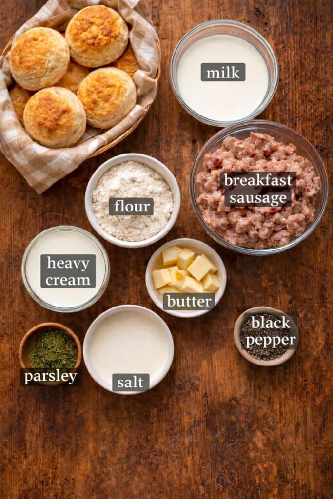 how to make sausage gravy from scratch (Easy Southern Recipe) 3 Ingredients for making homemade sausage gravy including sausage, flour, milk, butter, salt, and black pepper