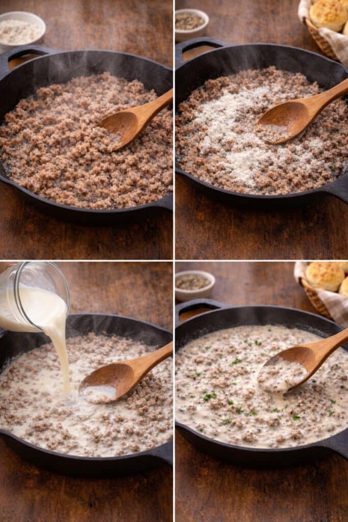 how to make sausage gravy from scratch (Easy Southern Recipe) 4 Step-by-step process showing how to make sausage gravy from scratch, from browning sausage to thickening creamy gravy