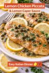 Vertical pin image of lemon chicken piccata with lemon slices and capers in a bright food photography style.