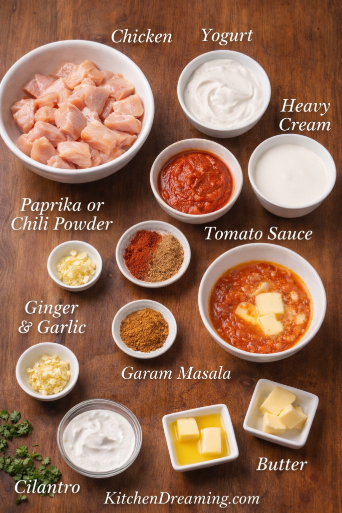 Indian Butter Chicken Recipe (Creamy Better Than Takeout) 3 Labeled ingredient flat lay for Indian butter chicken recipe with chicken, yogurt, heavy cream, tomato sauce, garam masala, butter, garlic, ginger, and spices.