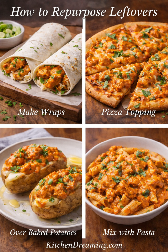 Indian Butter Chicken Recipe (Creamy Better Than Takeout) 4 Collage showing how to repurpose leftover Indian butter chicken recipe into wraps, pizza topping, baked potatoes, and pasta.