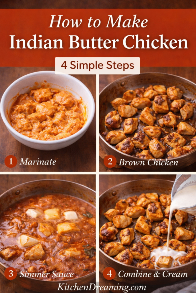 Indian Butter Chicken Recipe (Creamy Better Than Takeout) 11 Pinterest pin showing how to make Indian butter chicken recipe in four steps: marinate, brown chicken, simmer sauce, and combine with cream.