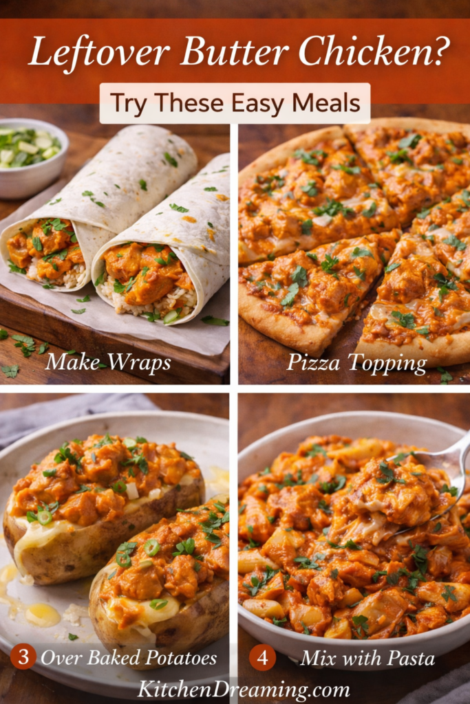 Indian Butter Chicken Recipe (Creamy Better Than Takeout) 12 Pinterest pin showing leftover butter chicken ideas including wraps, pizza topping, baked potatoes, and pasta with KitchenDreaming.com watermark.