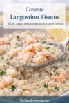 Close-up spoonful of creamy langostino risotto showing rich texture, Arborio rice, and tender langostino tails.