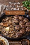 Salisbury steak meatballs browning in a skillet with mushrooms and onions.