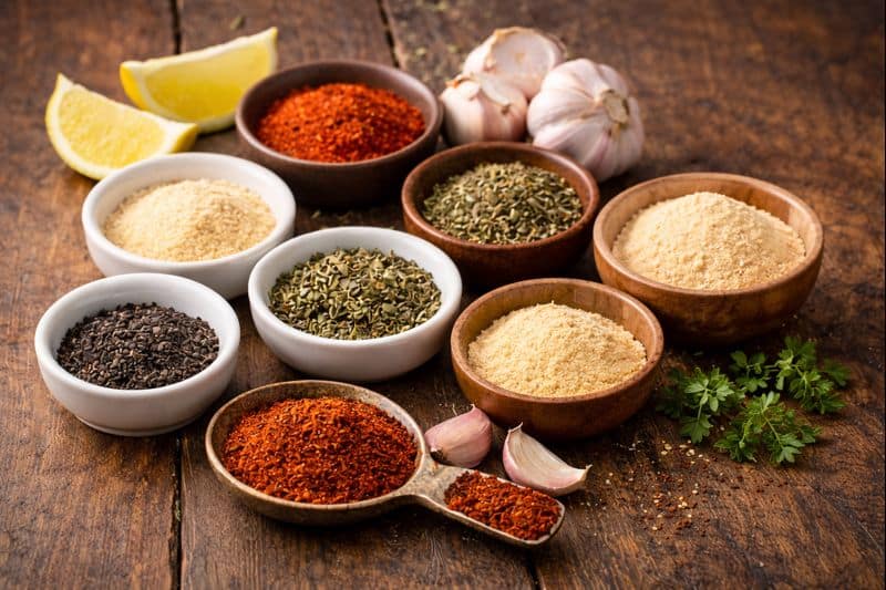 Homemade Blackening Seasoning (Better than Store-bought) 3 Ingredients for homemade blackening seasoning including paprika, garlic powder, herbs, black pepper, and cayenne pepper.