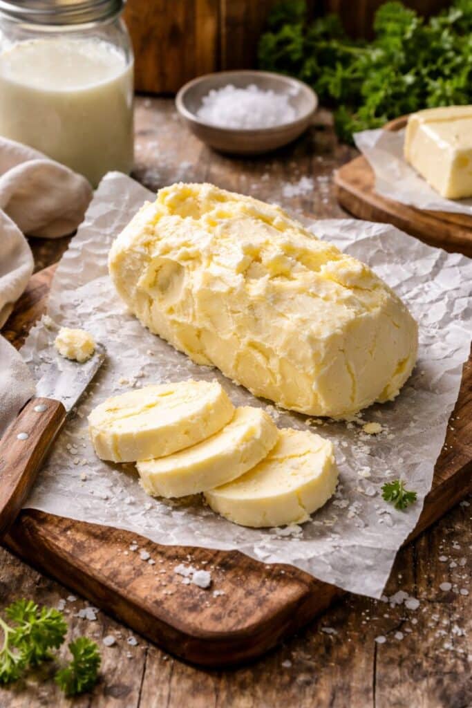 How to Make Homemade Butter (2 Easy Methods) 6 Close-up of homemade butter made from heavy cream, sprinkled with sea salt on parchment paper.