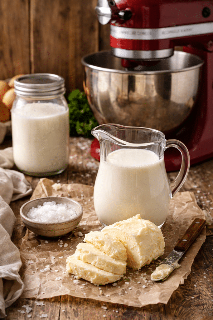 How to Make Homemade Butter (2 Easy Methods) 3 Ingredients for homemade butter including heavy cream, salt, a mason jar, and a stand mixer