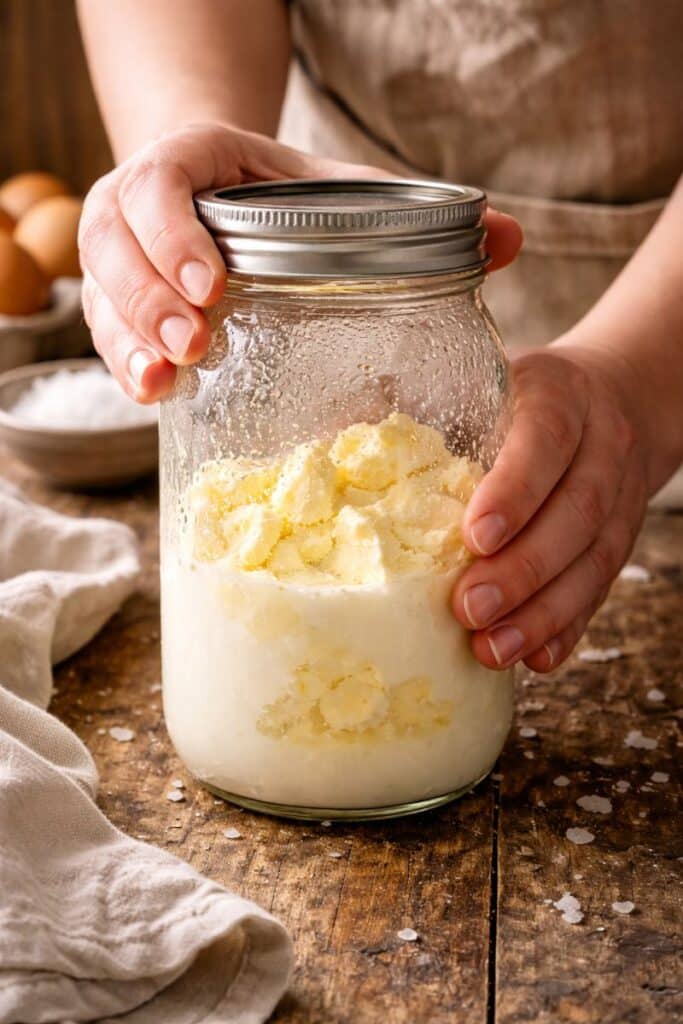 How to Make Homemade Butter (2 Easy Methods) 4 Making homemade butter in a mason jar with heavy cream separating into butter and buttermilk.