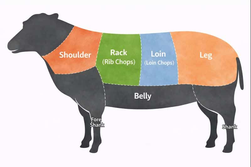 How to Cook Lamb Chops Perfectly Every Time 6 Diagram showing lamb cuts labeled shoulder, rack (rib chops), loin (loin chops), belly, and leg, highlighting where different lamb chops come from.