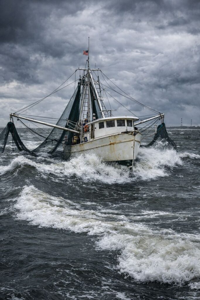Fresh Local Shrimp: How to Buy It, Store It, Cook It, and Love Every Bite 3 Shrimp boat navigating stormy seas near Georgetown South Carolina during shrimp season.