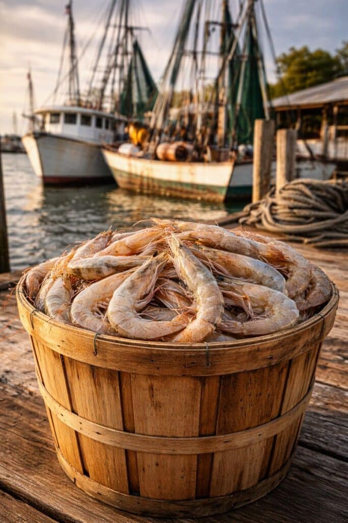 Fresh Local Shrimp: How to Buy It, Store It, Cook It, and Love Every Bite 6 Basket of fresh local shrimp at a South Carolina dock with shrimp boats in the background