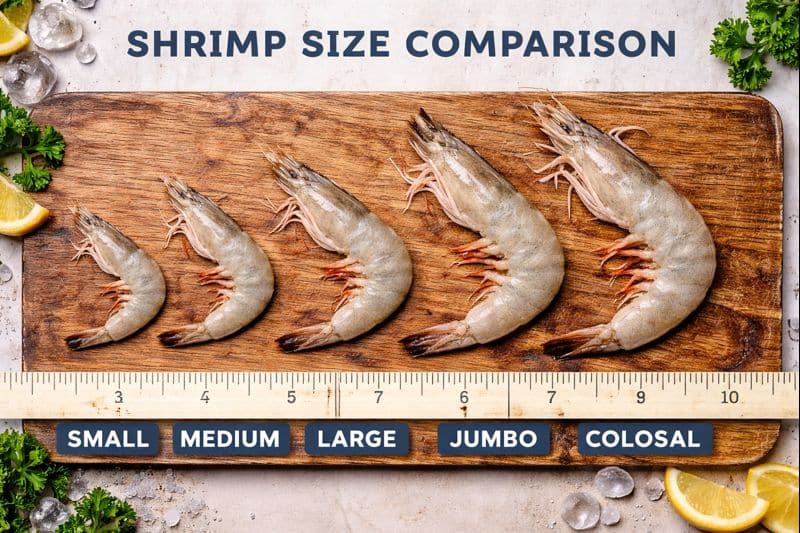 Fresh Local Shrimp: How to Buy It, Store It, Cook It, and Love Every Bite 5 Shrimp size comparison showing small medium large jumbo and colossal shrimp on a measuring board.