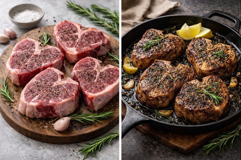 How to Cook Lamb Chops Perfectly Every Time 8 Side-by-side image showing raw lamb chops seasoned on a wooden board and cooked lamb chops browned in a skillet with garlic and herbs.