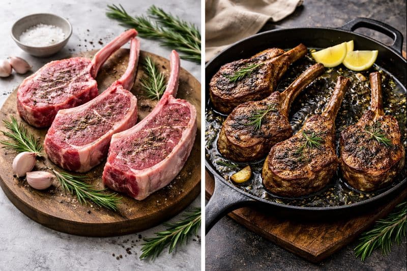 How to Cook Lamb Chops Perfectly Every Time 7 Side-by-side image of raw lamb rib chops and cooked lamb chops in a skillet, showing seasoning, browning, and finished texture showing How to Cook Lamb Chops at home.