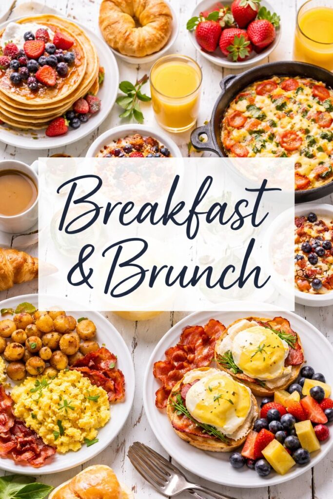 breakfast and brunch recipes including pancakes, eggs, casseroles, and morning meals