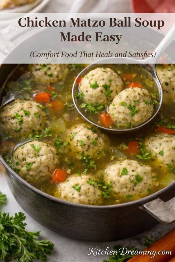 Chicken matzo ball soup in a white bowl with carrots and celery, an easy Jewish matzo ball soup recipe with tender chicken matzo balls.