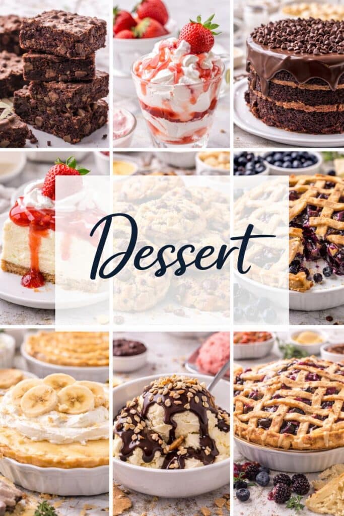 dessert recipes including cakes, pies, cookies, and simple sweet treats