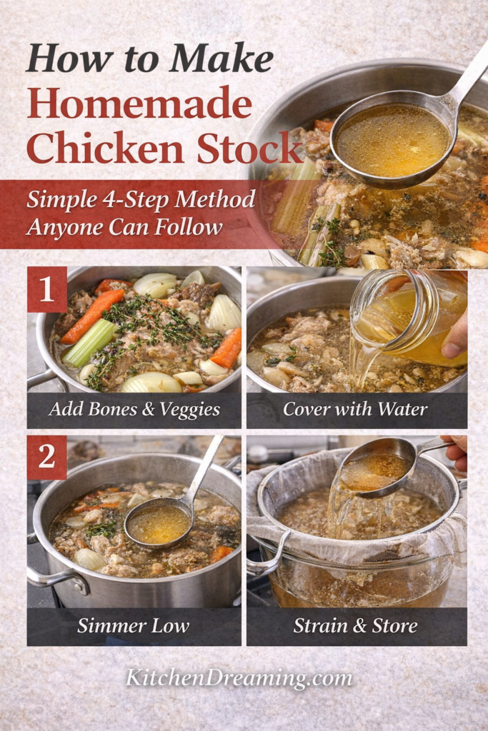How to make homemade chicken stock in four steps, showing bones, vegetables, simmering stock, and straining process.