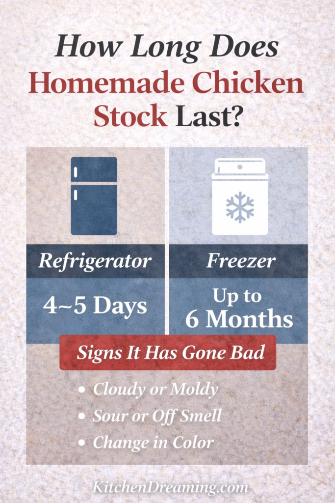 Storage guide showing how long homemade chicken stock lasts in refrigerator and freezer with safety tips.