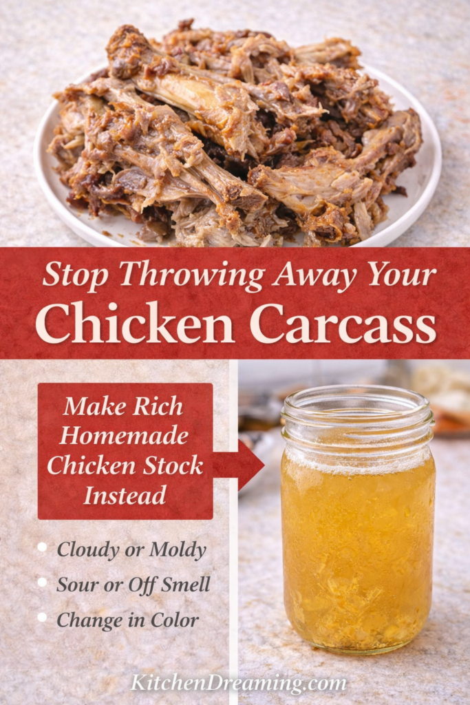 Roasted chicken carcass next to jar of homemade chicken stock showing how to use leftover bones.