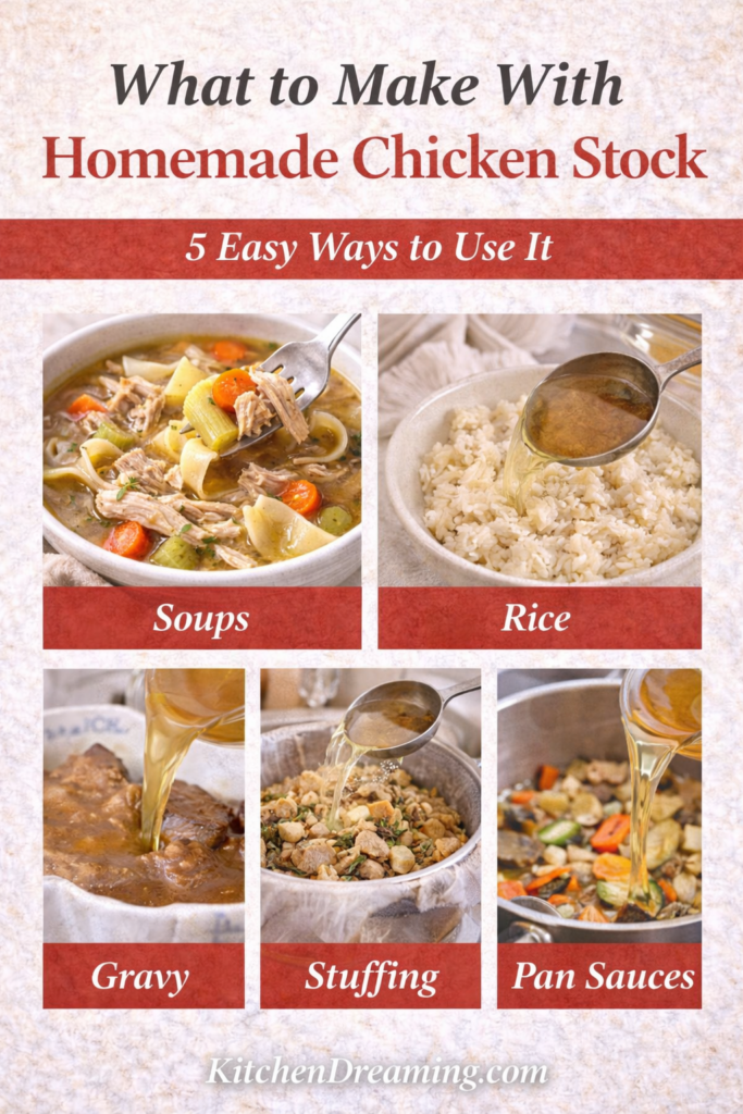 Five ways to use homemade chicken stock including soups, rice, gravy, stuffing, and pan sauces.
