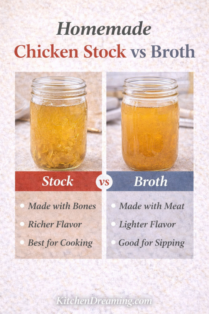 Comparison infographic showing differences between homemade chicken stock and chicken broth.