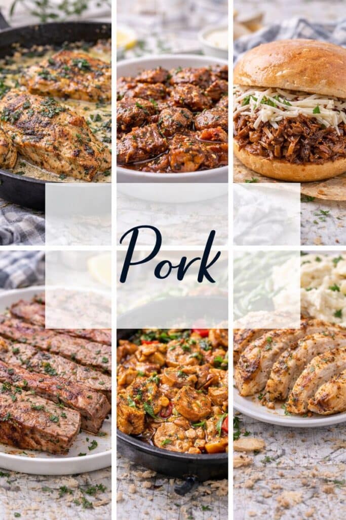 pork recipes including chops, roasts, pulled pork, and easy dinner ideas