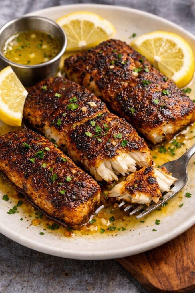 Blackened Grouper with Lemon Butter Sauce - (Not Burnt - Ready in 10 minutes) 5 Blackened grouper fillets cooking in a cast iron skillet with visible timing cues for doneness.