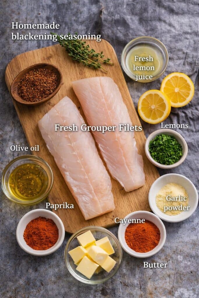 Blackened Grouper with Lemon Butter Sauce - (Not Burnt - Ready in 10 minutes) 3 Ingredients for blackened grouper including fresh grouper filets, blackening seasoning, butter, lemon, garlic, and parsley arranged on a countertop.
