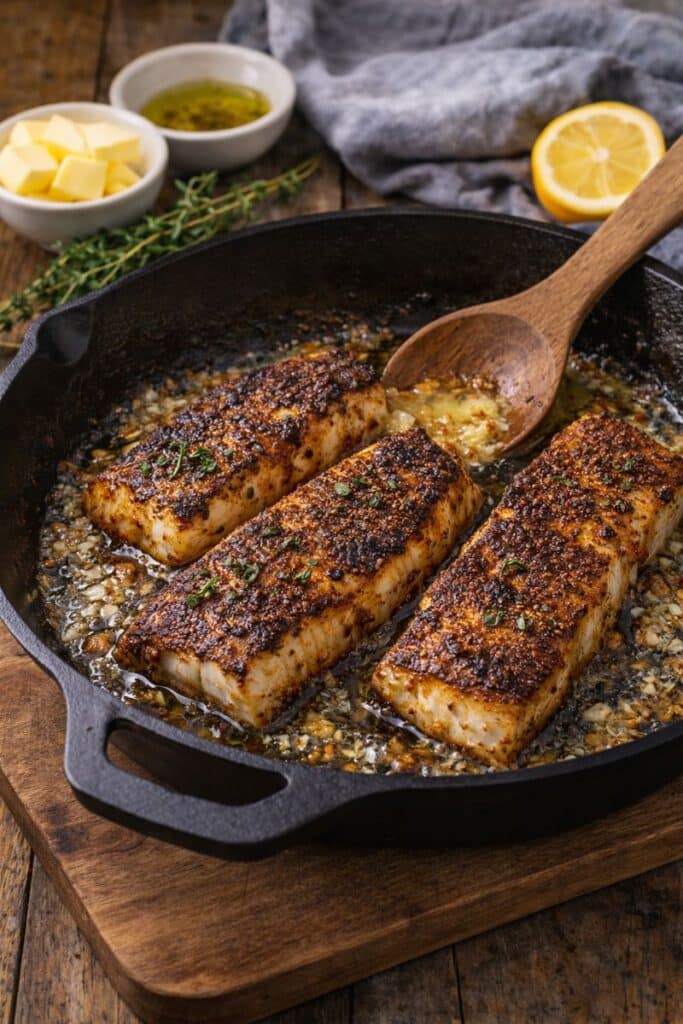 Blackened Grouper with Lemon Butter Sauce - (Not Burnt - Ready in 10 minutes) 4 Blackened grouper fillets cooking in a cast iron skillet with a crispy spice crust forming on the fish.