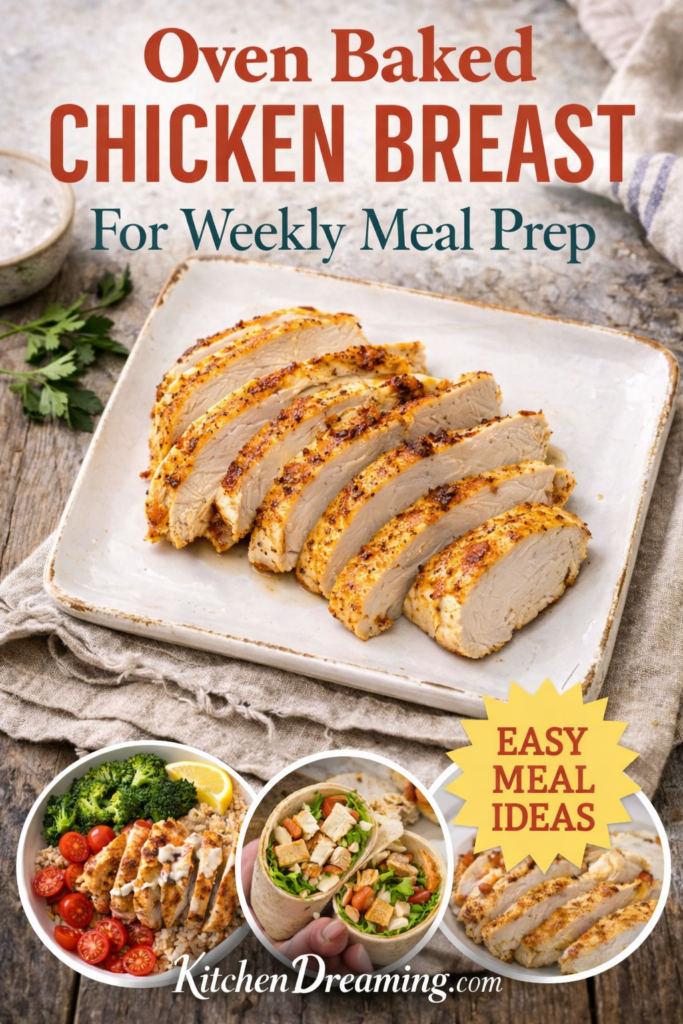 Chicken Meal Prep for the Week: One Simple Method, Endless Meals 9 Oven baked sliced chicken breast for chicken meal prep for the week on farmhouse plate.