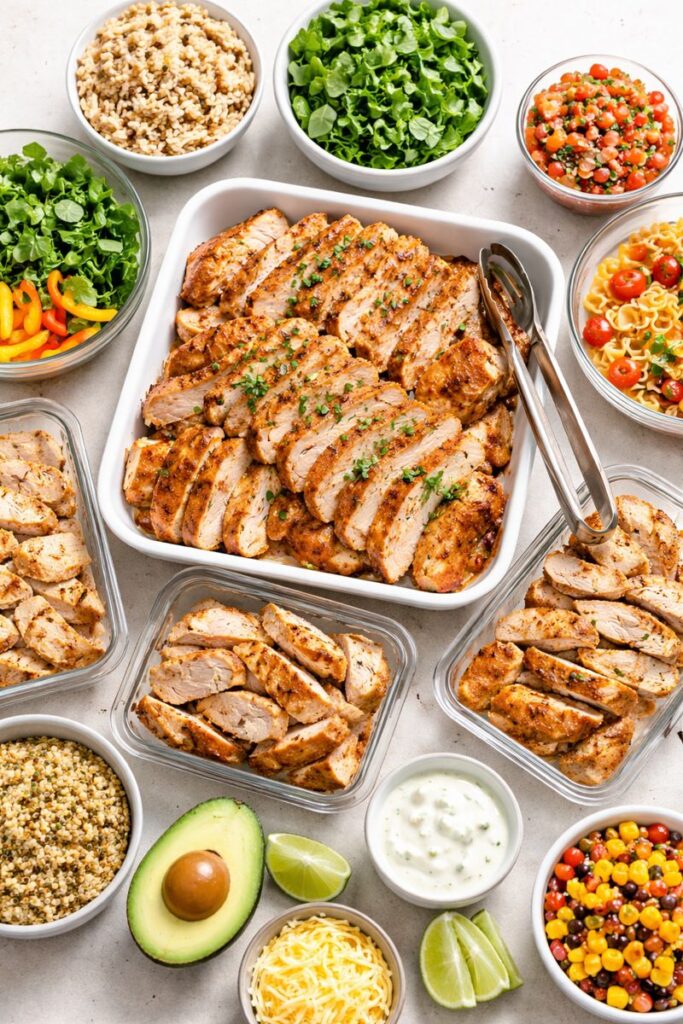 Chicken meal prep for the week with sliced juicy chicken breast next to grain bowls, salads, tacos, and pasta ready for easy meals.